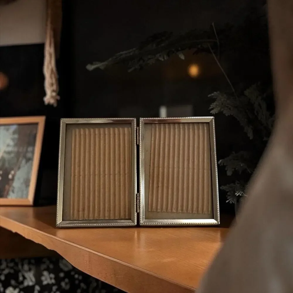 Vintage Gold Tone Double Hinged Picture Frame | Mini Dual 2.5 x 3.5 Inch Photo